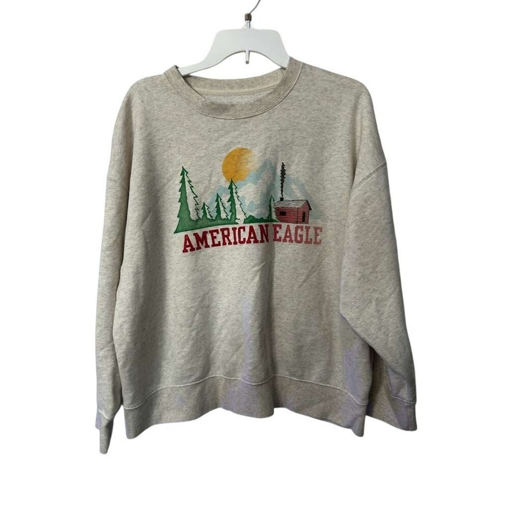 American Eagle Oversized Christmas Crewneck Sweater Women Large Snow Trees